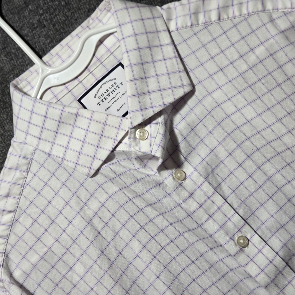 Men's Charles Tyrwhitt Slim Fit Dress Shirt Sz 17 / 36 White Check Pink Blue